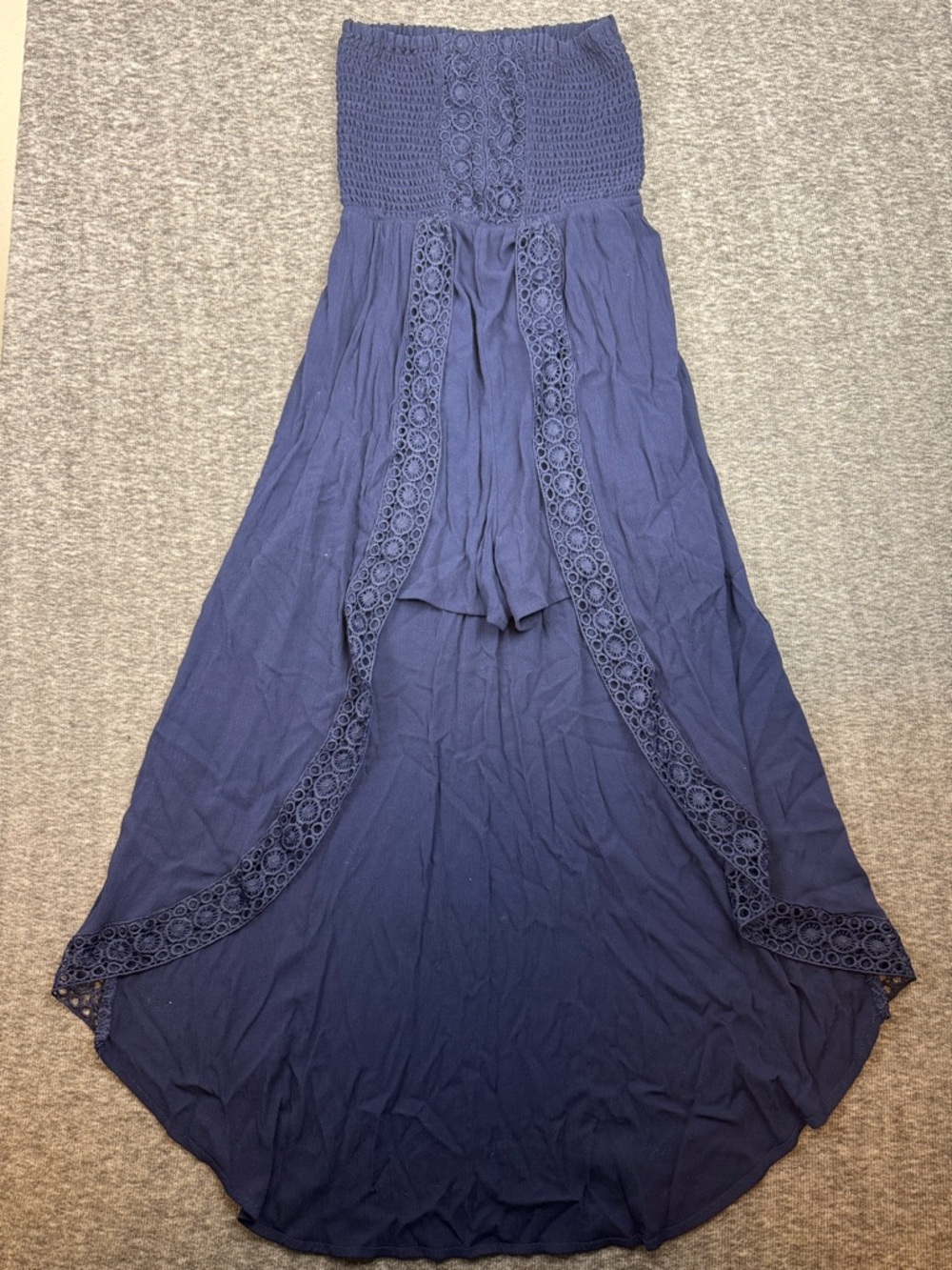 No Boundaries Navy Smocked High-Low Maxi Skirt with Lace Insets